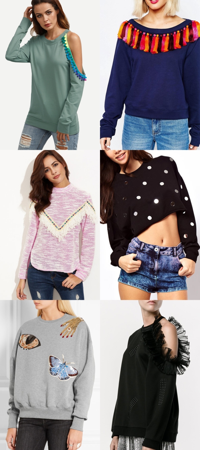 embellished sweatshirt, inspiration, diy, fashion, alexander mcqueen, fringe, pom poms, sequins, tassels, idea
